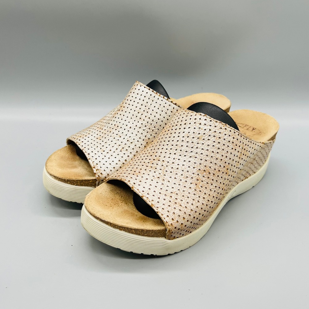 Fly London Sandals Women 6.5 Rose Gold Leather Perforated Platform Slide Shoes - Picture 3 of 10